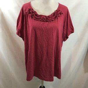 Northcrest deep red short sleeve top with ruffles - womens 4X, bust 27".